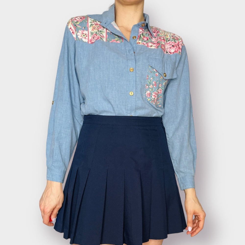 80s Chambray Flower Mixed Material Button Front‎ Top